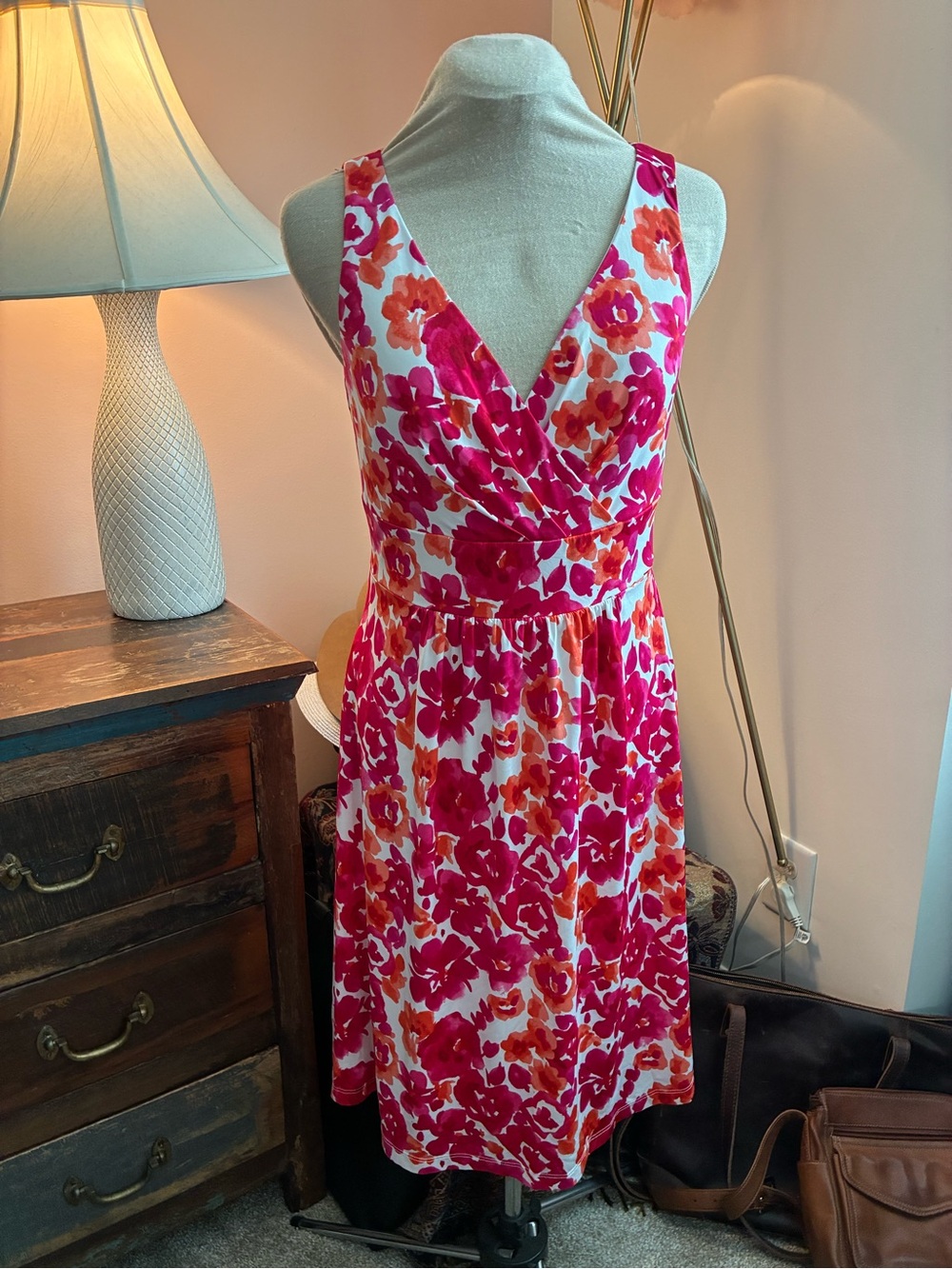 Chaps White Midi Dress with Fuchsia and Orange Floral Print